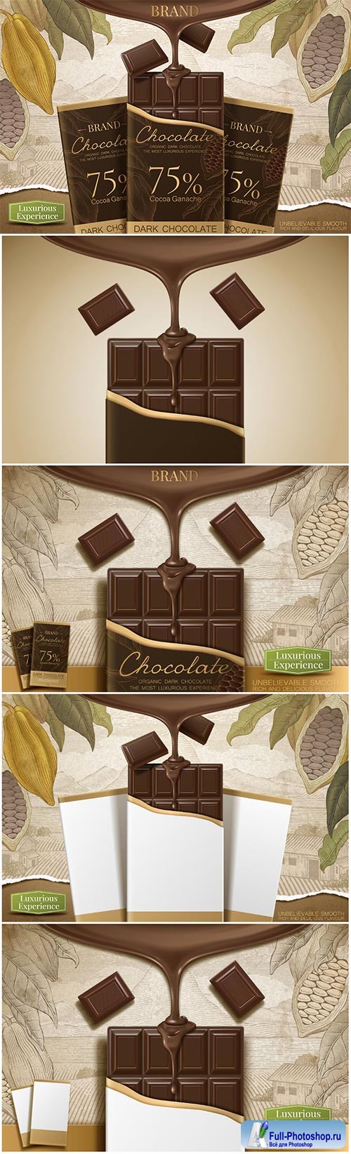 Dark chocolate ads with 3d vector illustration product