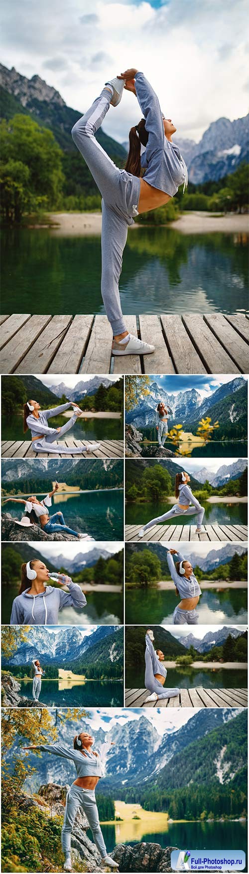 Young sports woman enjoys freedom on a mountain next to the lake