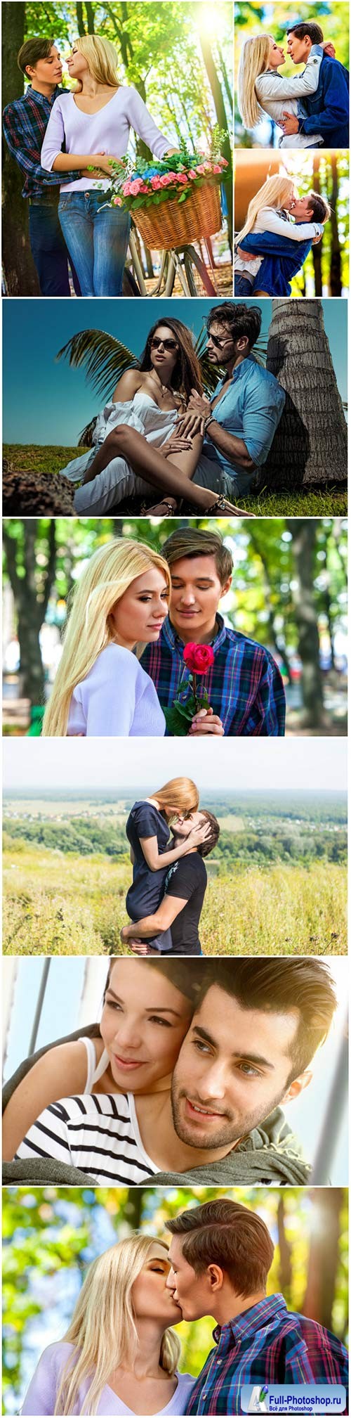 Young couple outdoor portrait, beautiful pretty girl kissing handsome boy