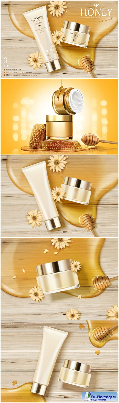 Honey skin care ads with golden color syrupin 3d vector illustration