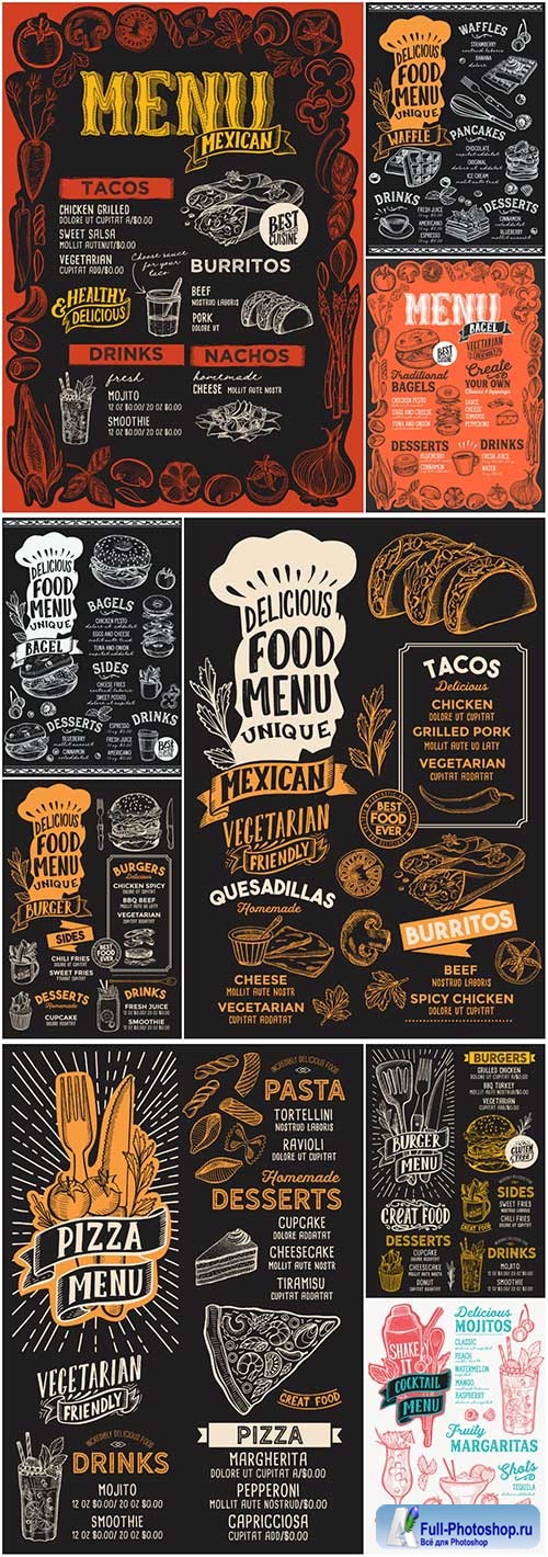 Menu food template for restaurant with doodle hand-drawn graphic