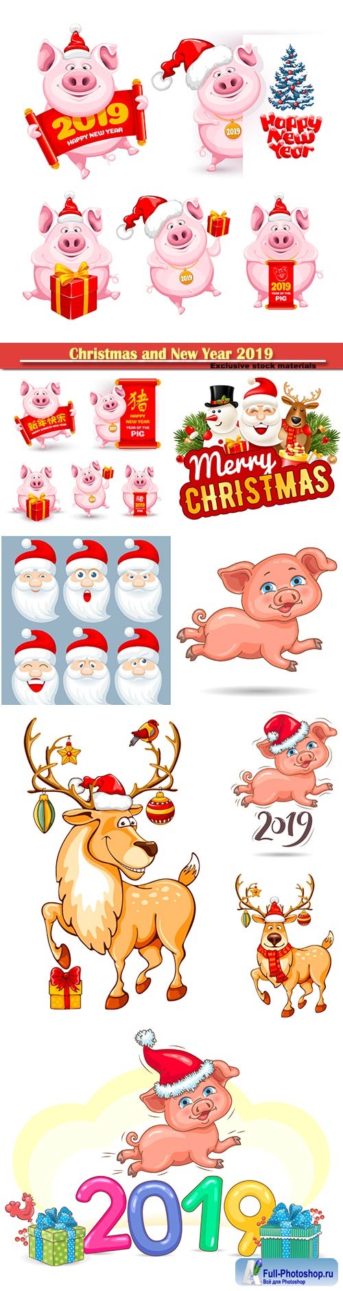 Christmas and New Year 2019 vector illustration, cartoon pigs