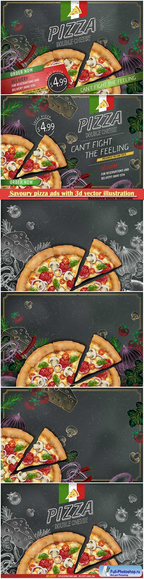 Savoury pizza ads with 3d vector illustration