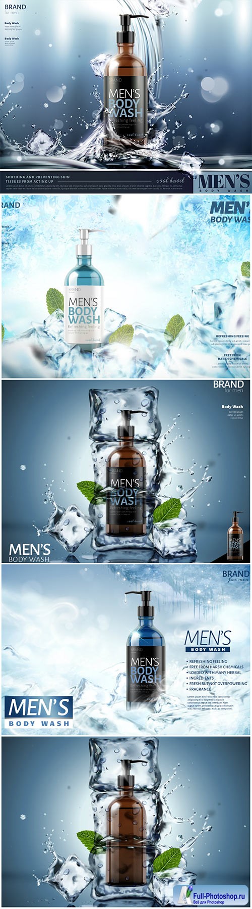 Men's body wash vector poster ads with splashing water and ice cubes in 3d illustration