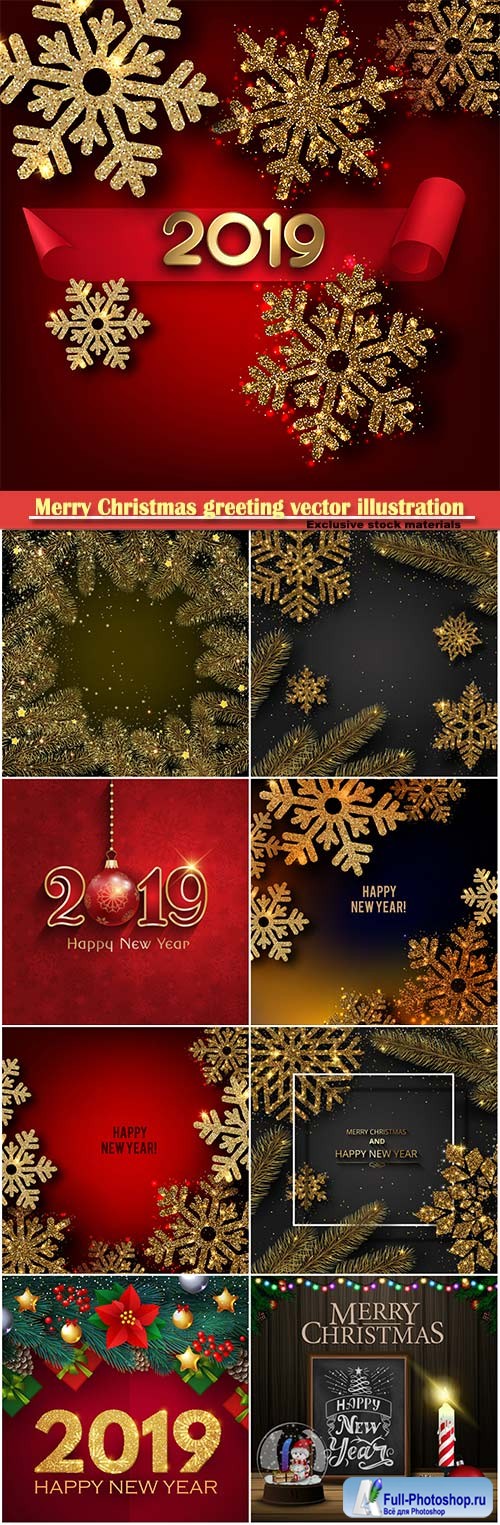 Merry Christmas greeting vector illustration with golden snowflakes