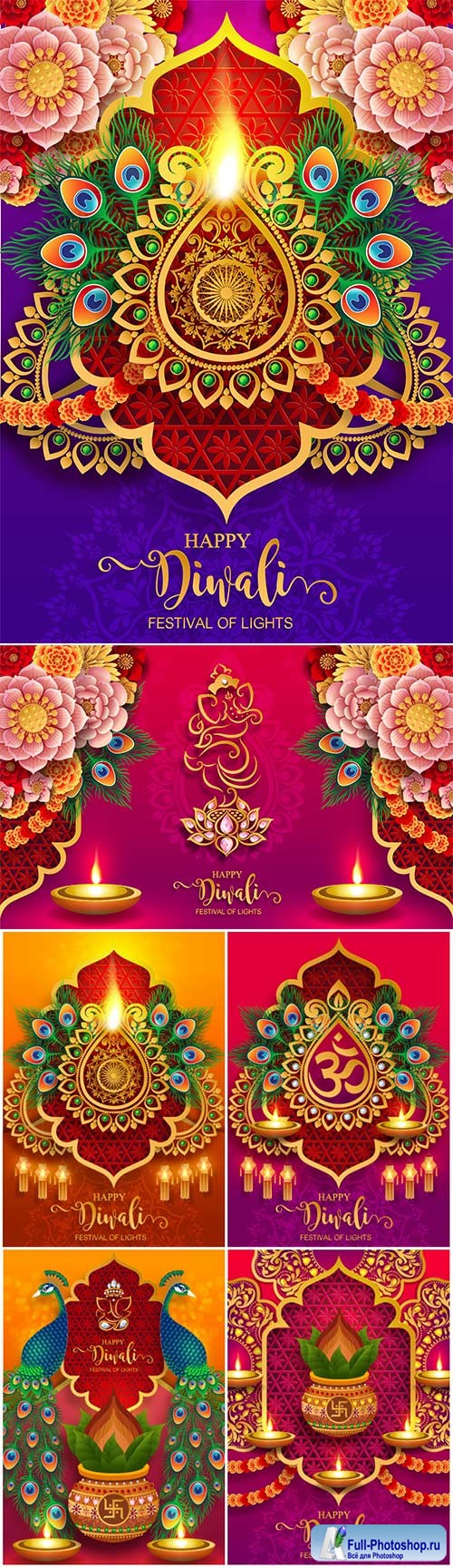 Happy Diwali festival vector card with gold diya patterned