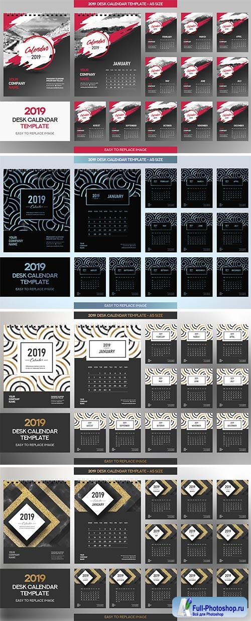 Desk Calendar 2019 vector template, 12 months included