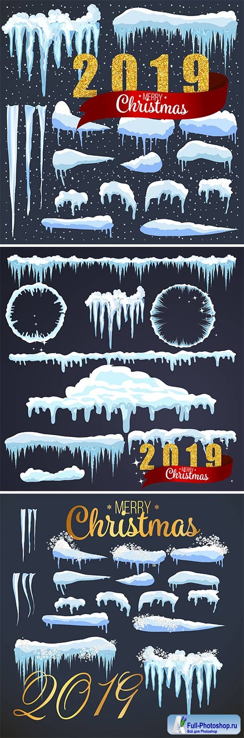 2019 Merry Christmas background, snowflakes and icicles, snow caps set