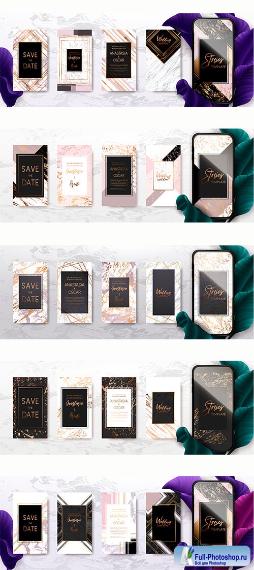 Trendy kit template pack with gold and marble texture, promotion flyer backgrounds