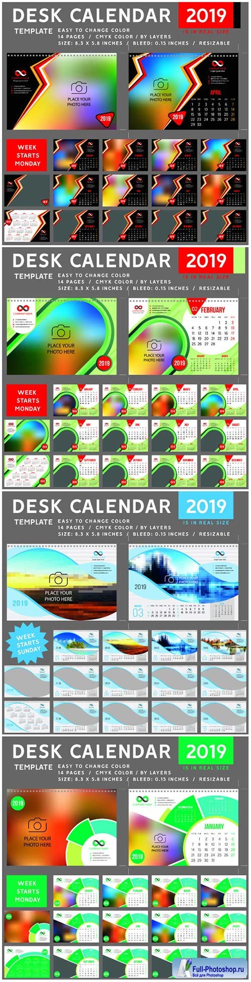 Desk Calendar 2019 vector template, 12 months included # 3