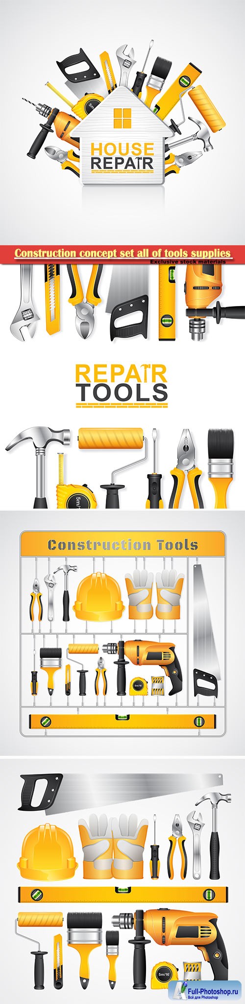 Construction concept set all of tools supplies for house repair builder vector illustration