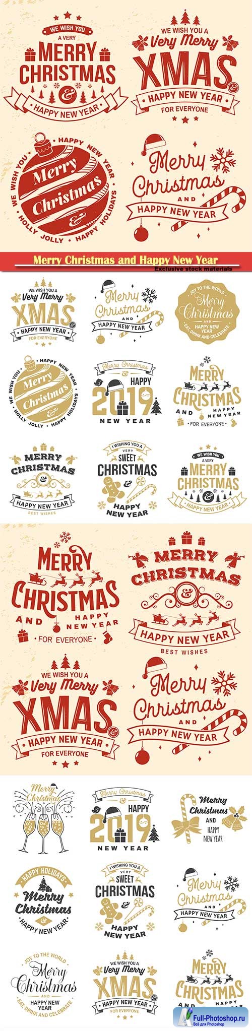 Merry Christmas and 2019 Happy New Year stamp, sticker set