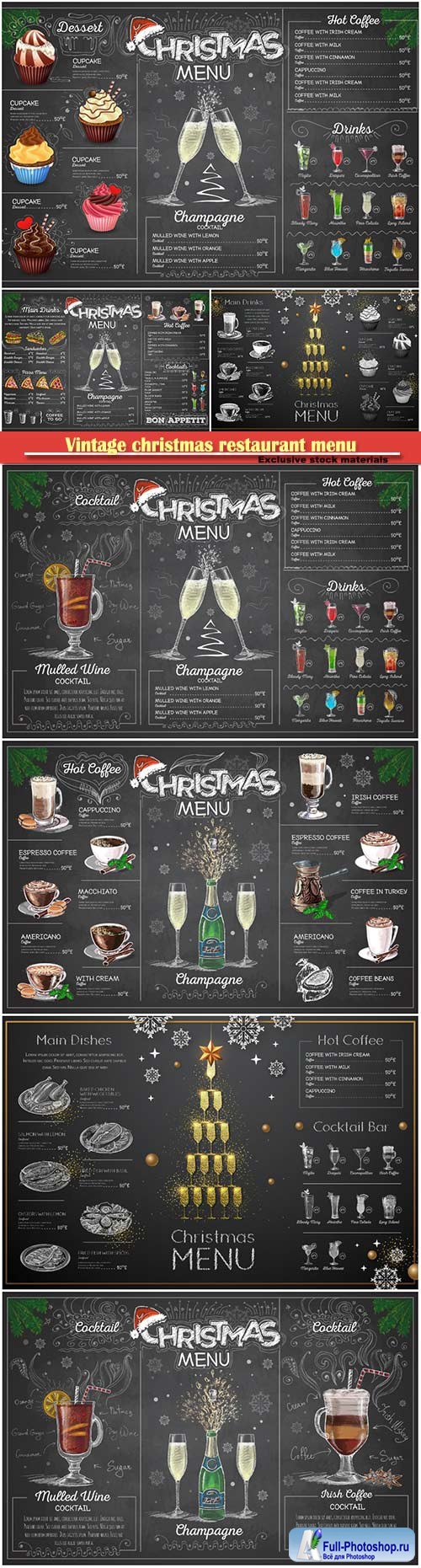 Vintage christmas restaurant menu design with champange