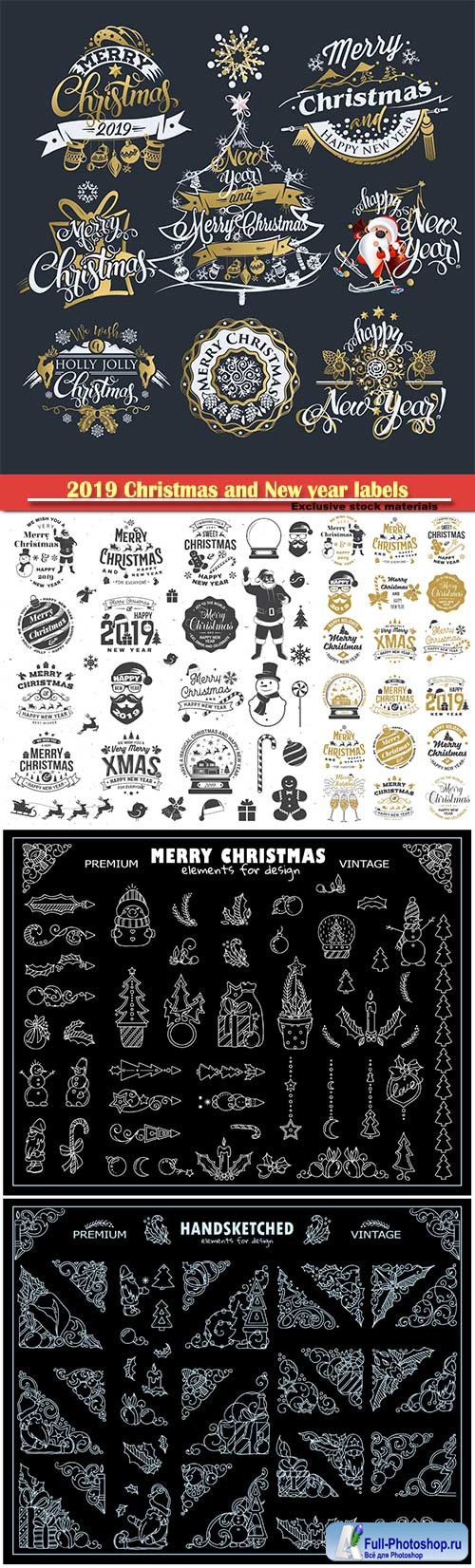 2019 Christmas and New year labels and decoration vector borders