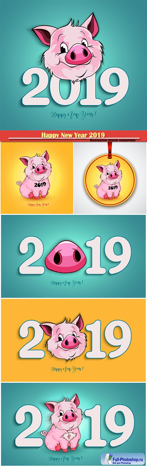 Happy New Year 2019 funny card design with cartoon pigs