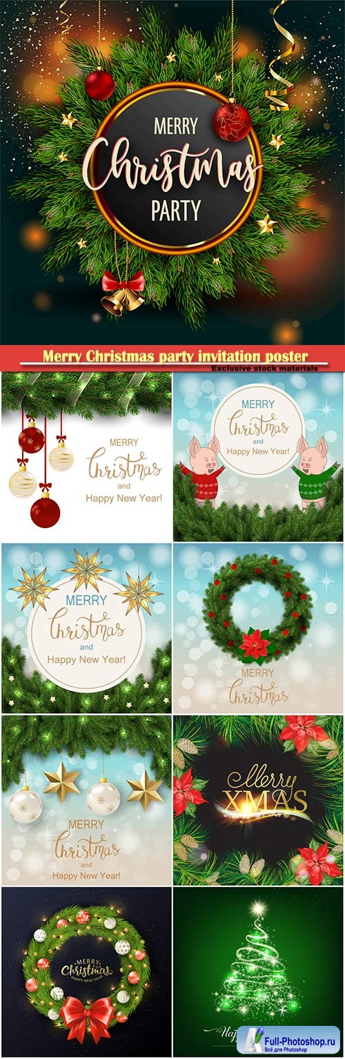 Merry Christmas party invitation poster with fir tree and decorative elements