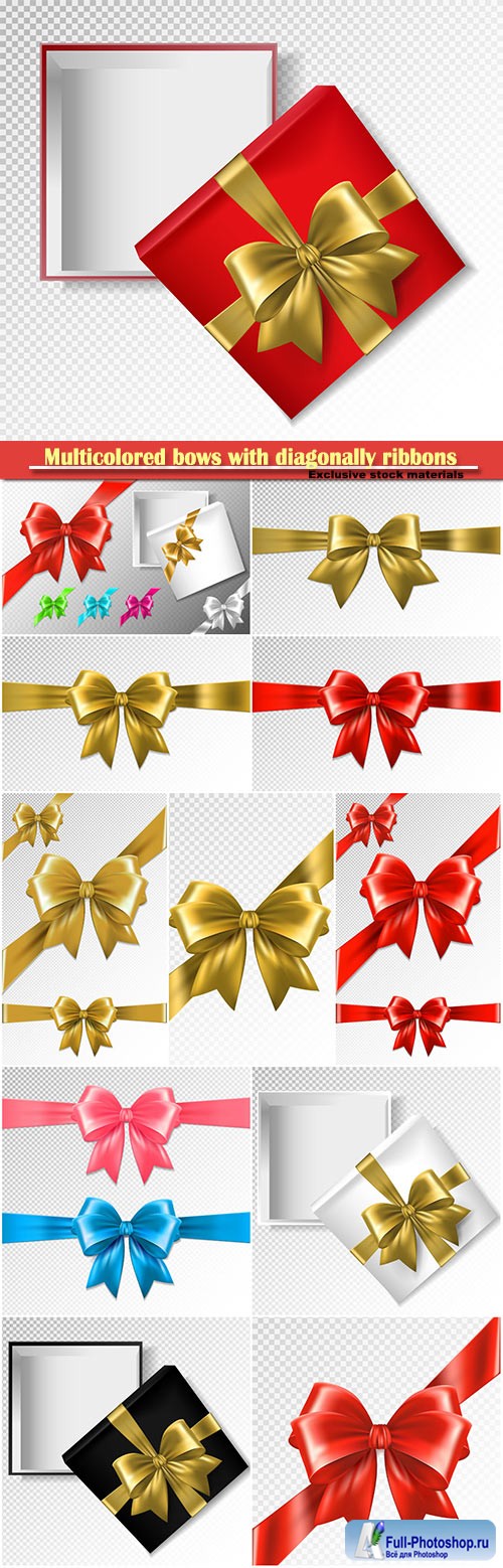 Set of multicolored bows with diagonally ribbons vector illustration