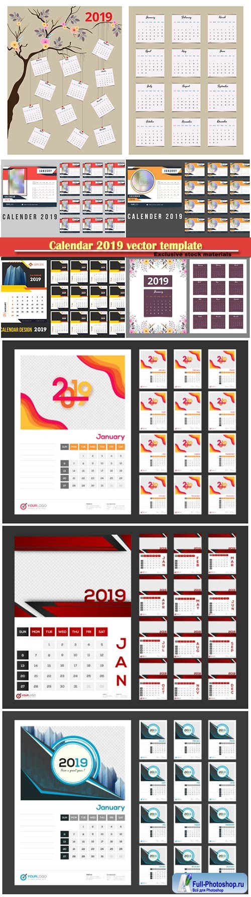 Calendar 2019 vector template, 12 months included # 4