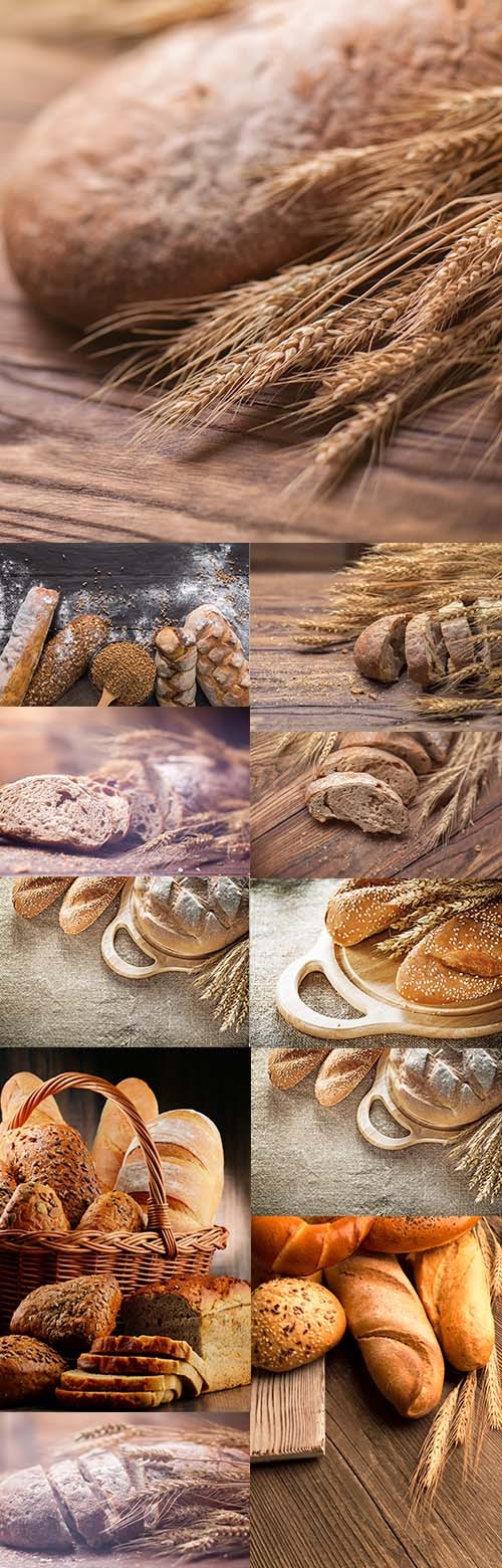 Bread, baguette, loaf and buns on the wooden desk