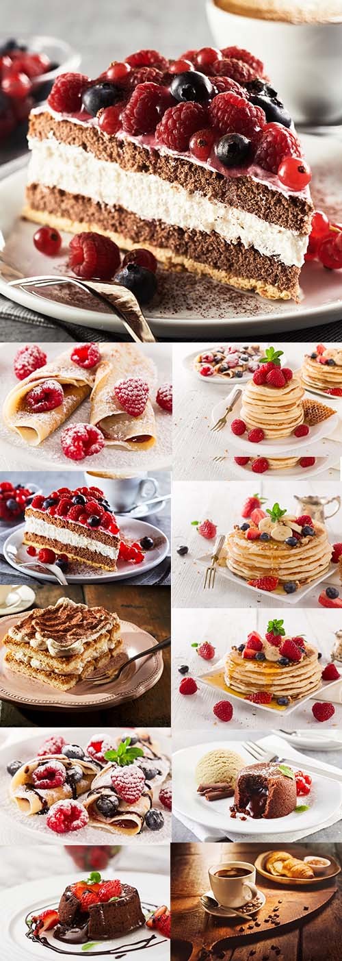 Delicious pancakes with fruits, piece of tiramisu cake