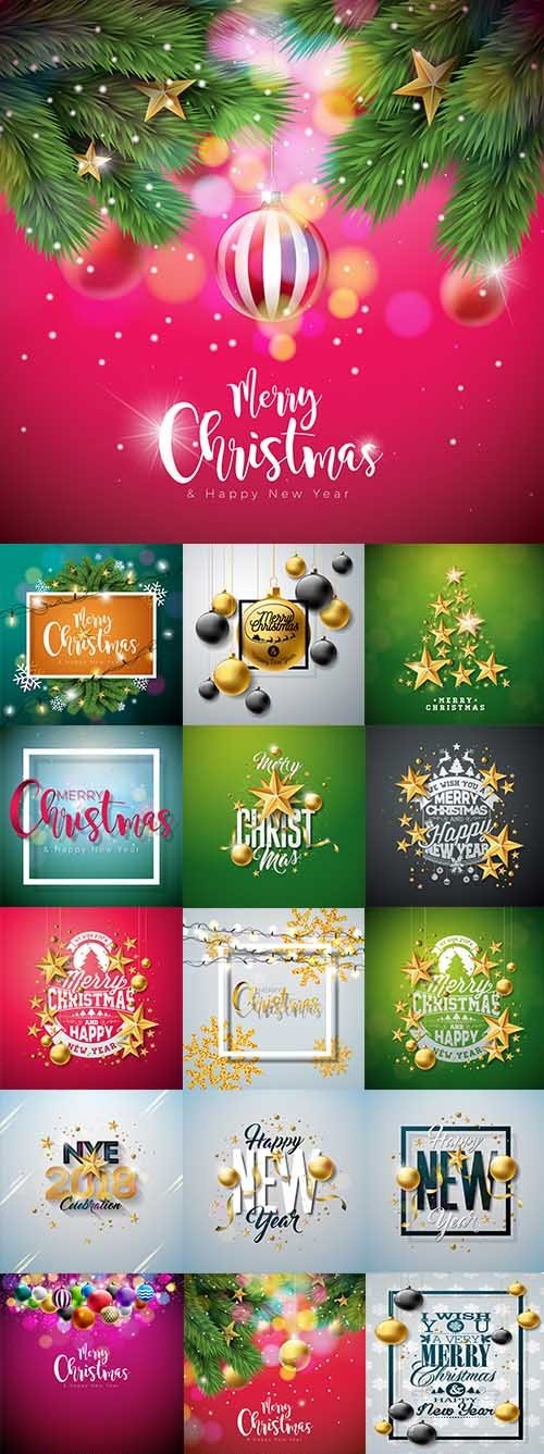 Vector Merry Christmas cards with balls, Happy New Year designposter