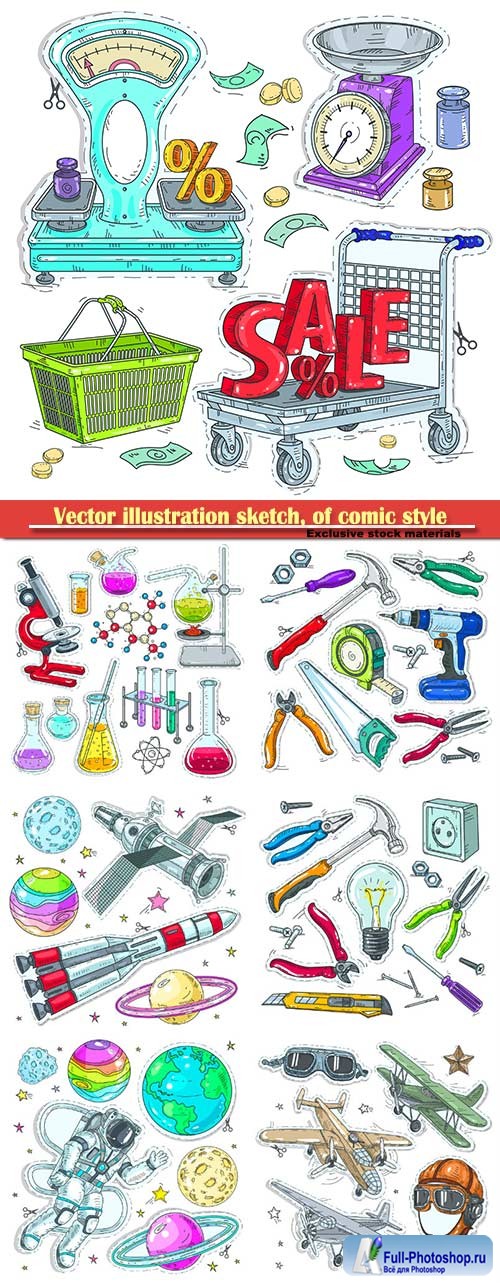 Vector illustration sketch, of comic style colorful icons