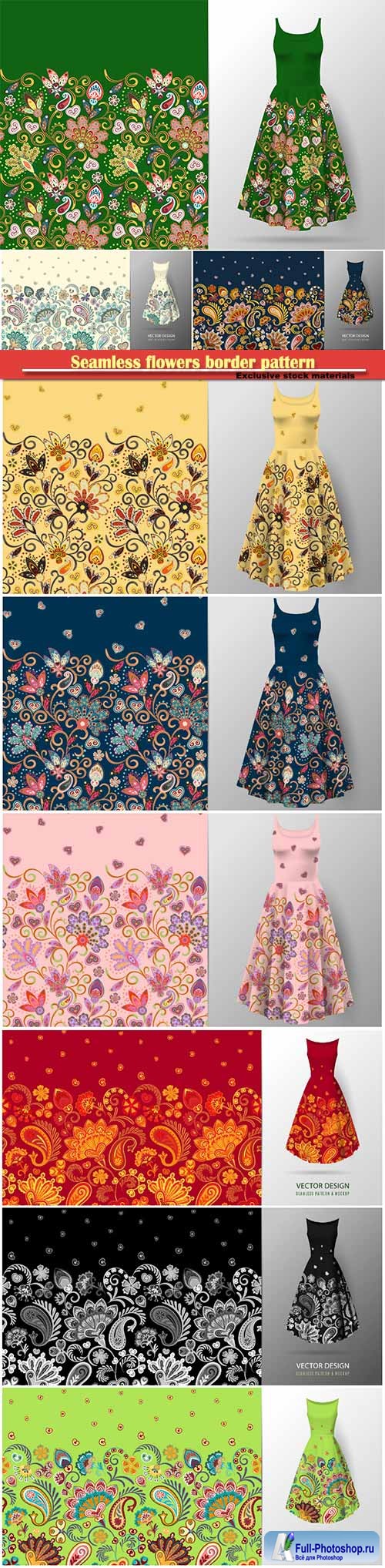 Seamless vertical fantasy flowers border pattern, floral background on dress mockup