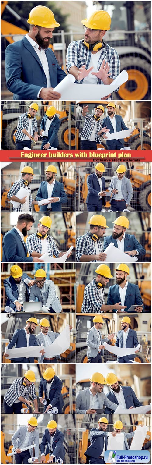 Two engineer builders with blueprint plan at construction site