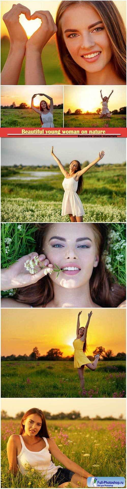 Beautiful young woman on nature over field background