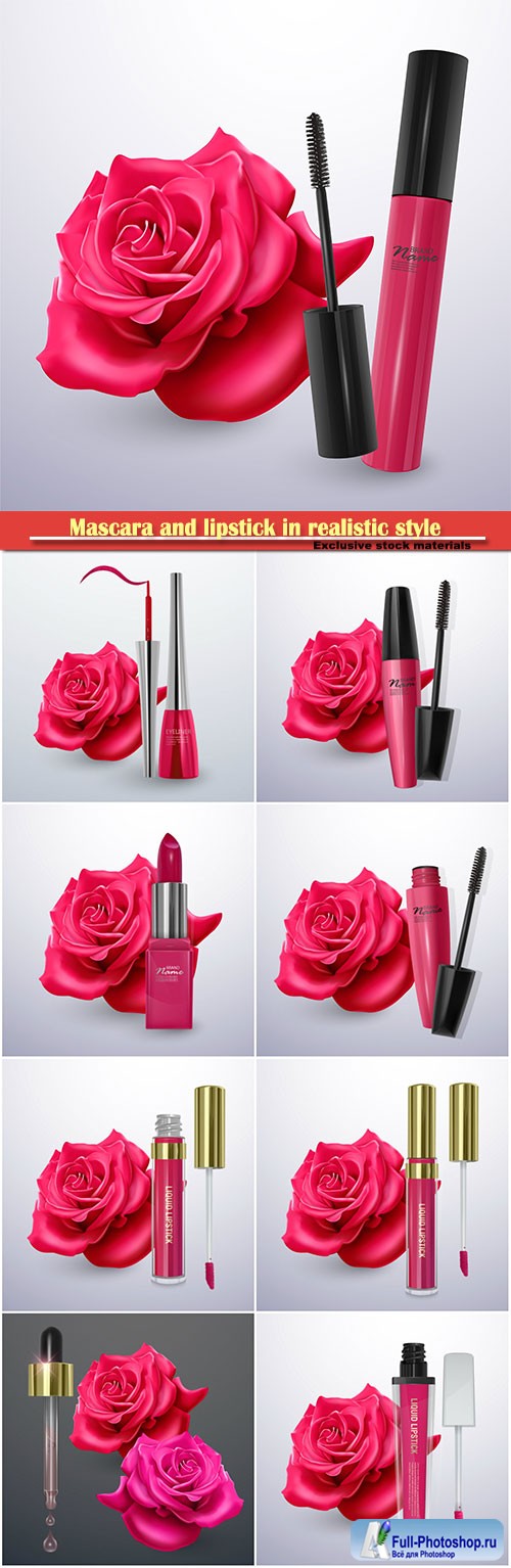 Mascara and lipstick in realistic style on red rose vector background