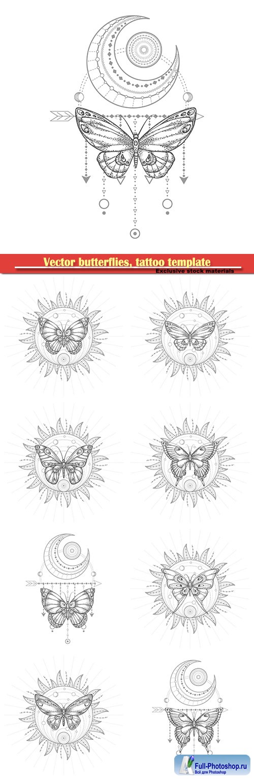 Vector butterflies, tattoo template