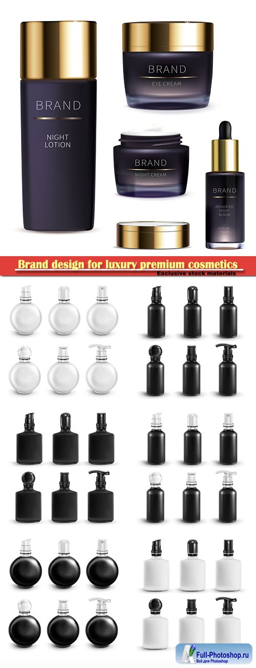 Brand design for luxury premium cosmetics, vector mock up set with black and white vial