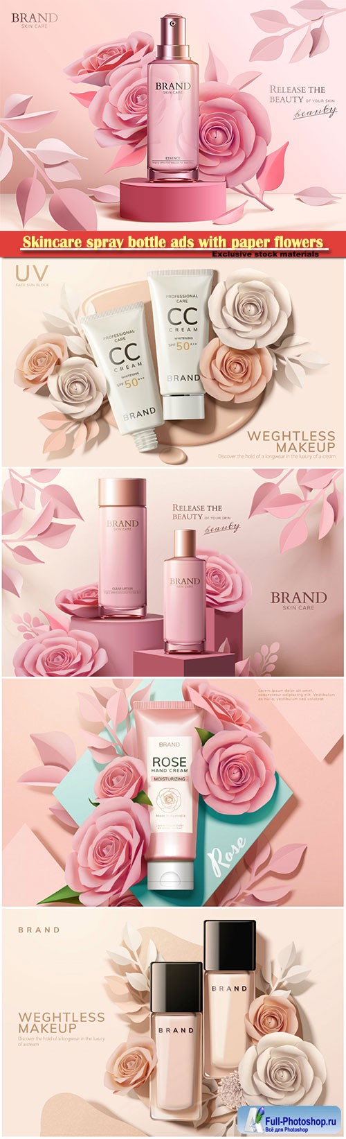 Skincare spray bottle ads with paper flowers, 3d illustration