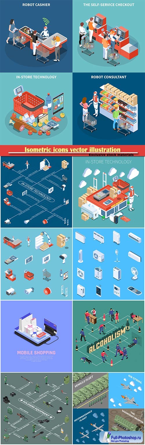 Isometric icons vector illustration, banner design template # 4