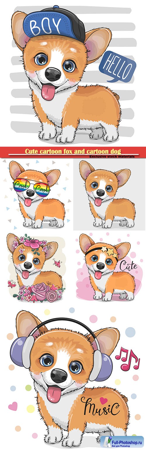 Cute cartoon fox and cartoon dog in vector illustration