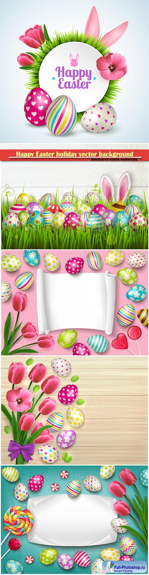 Happy easter composition with eggs rabbit ears and spring flowers vector illustration