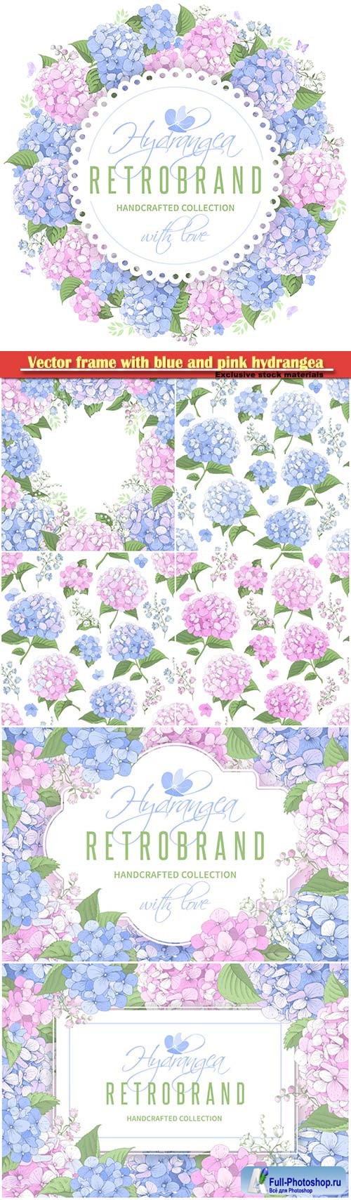 Vector frame with blue and pink hydrangea flowers