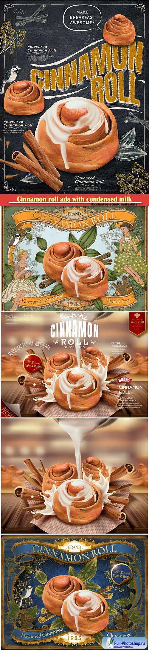 Cinnamon roll ads with condensed milk in 3d vector illustration