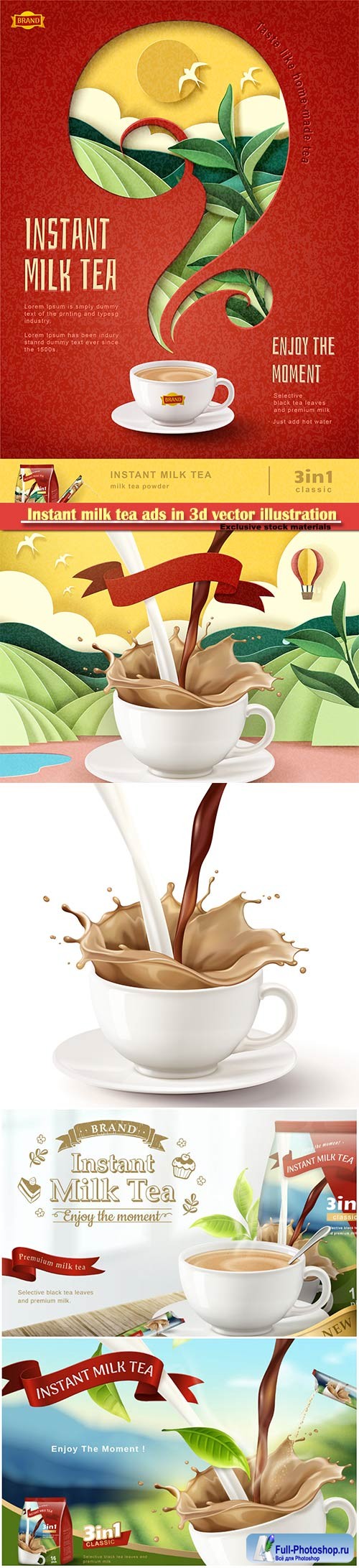 Instant milk tea ads in 3d vector illustration