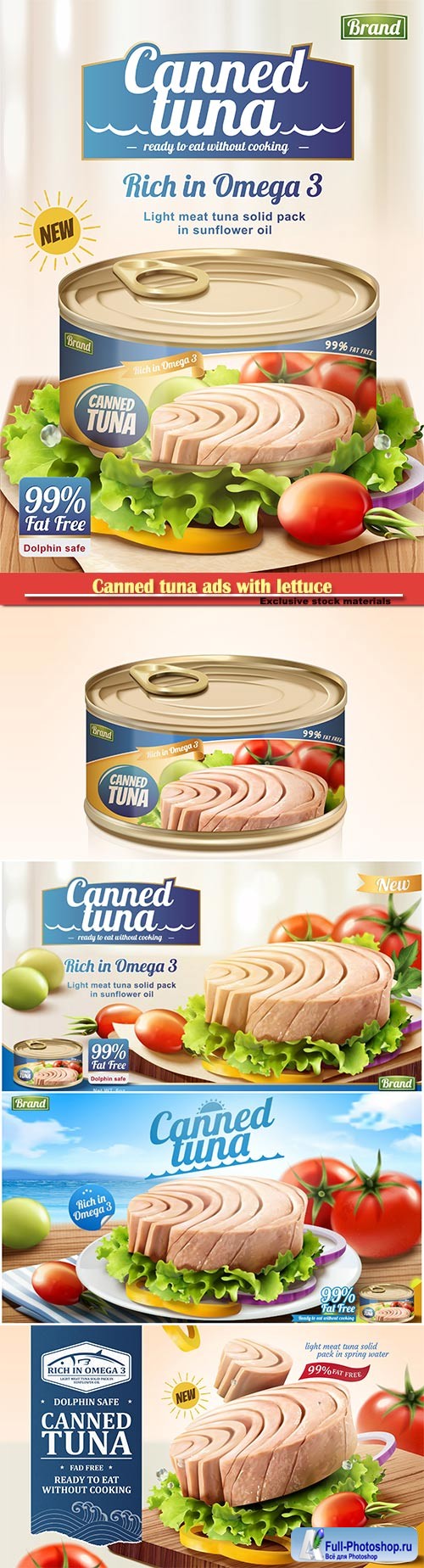 Canned tuna ads with lettuce and tomato in 3d illustration