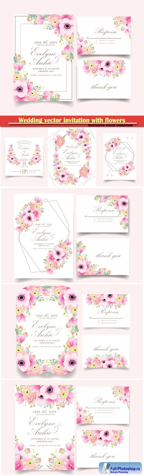 Wedding vector invitation with beautiful flowers