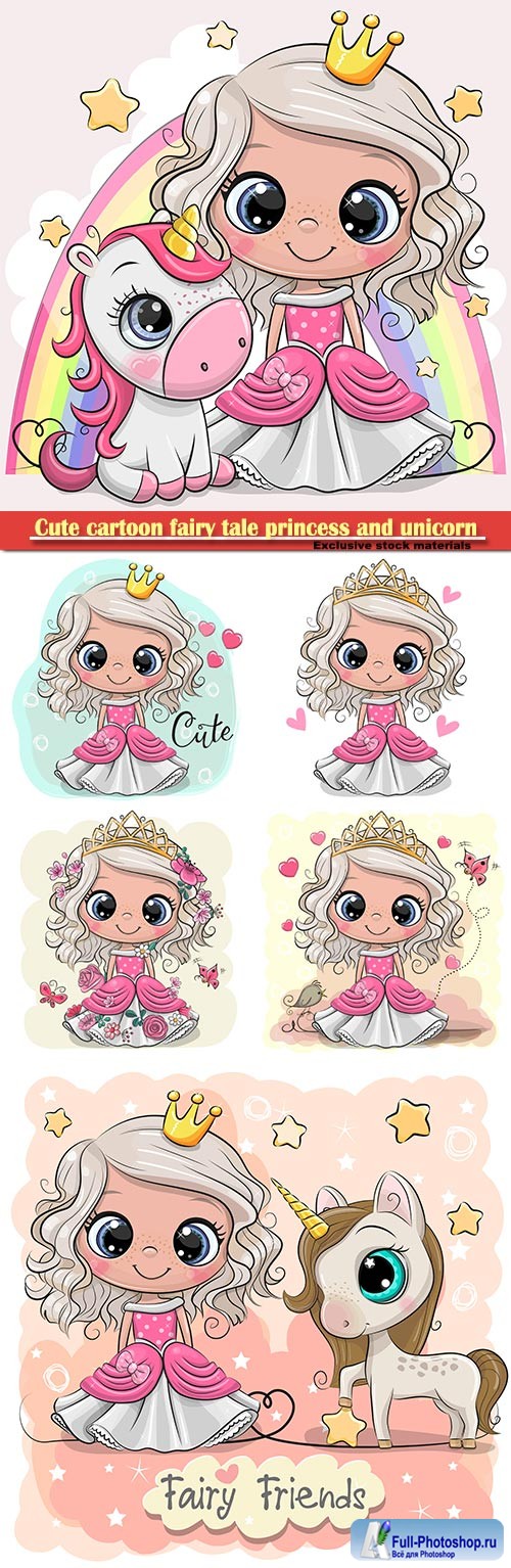 Cute cartoon fairy tale princess and unicorn