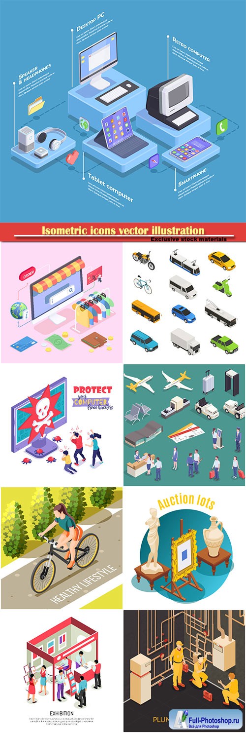 Isometric icons vector illustration, banner design template # 39