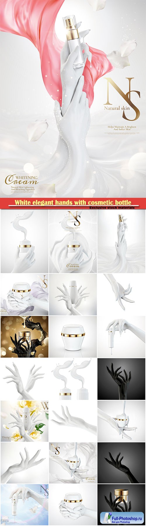 White elegant hands with cosmetic bottle in 3d illustration