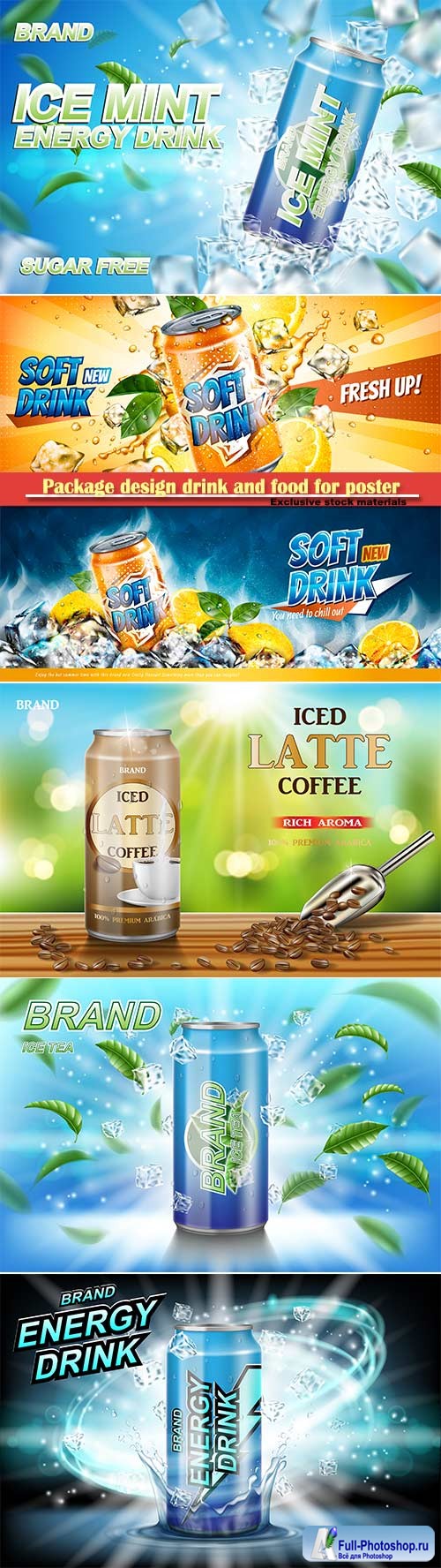 Package design drink and food for poster or banner, realistic mockup vector 3d illustration