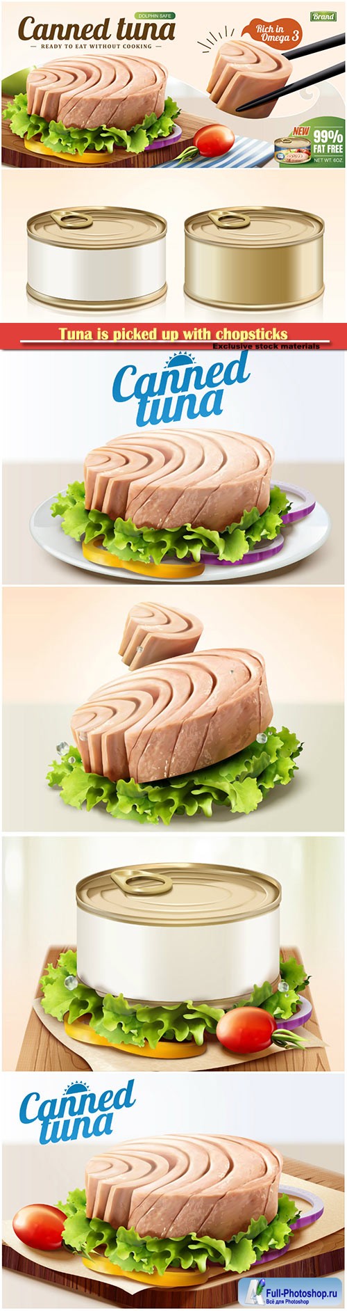 Tuna is picked up with chopsticks in 3d illustration, canned food ads