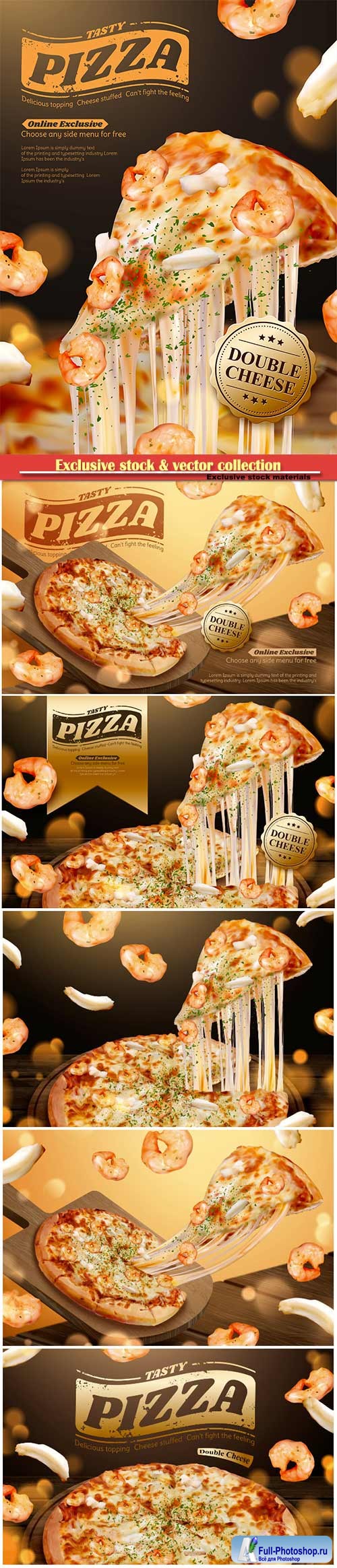 Tasty seafood pizza ads with stringy cheese in 3d illustration, shrimp and squid ring ingredients