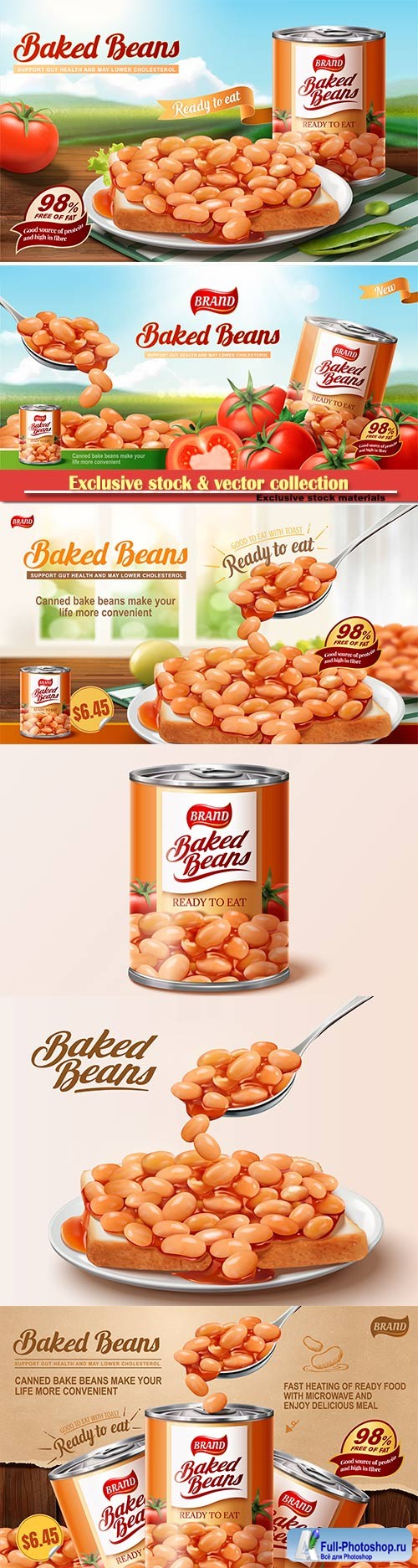 Baked beans ads with delicious beans on toast in 3d vector illustration