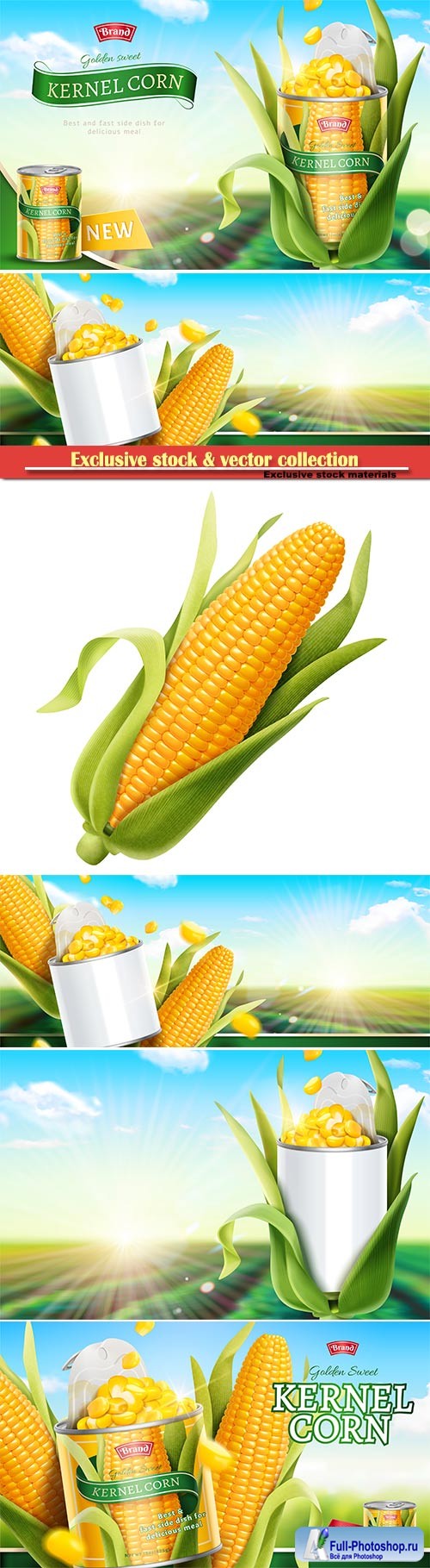 Premium kernel corn can ads in 3d vector illustration