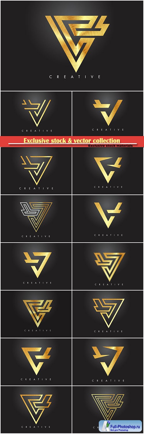 V golden letter monogram design logo